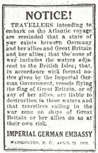 En af de annoncer, det tyske konsulat indrykkede i New Yorks aviser i dagene op til Lusitanias afgang.