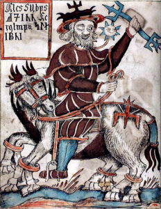 Illustration fra islandsk 1600-tals håndskrift, der viser Odin på sin ottebenede hest Sleipner.