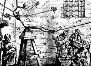 Den middelalderlige tortur for fuld udblæsning... men hverken tegningen eller teknikken er middelalderlig.