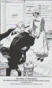 Satiretegning i Londfon-magasinet London Opinion, 16. marts 1918: Embedsmanden (til DORA): "Gå ud og se hvad den britiske offentlighed laver - og sig at den skal holde op med det!" En tegning som denne ville i sig selv under DORA kunne bringe tegneren i ganske betydelige problemer.