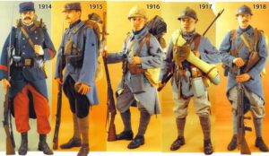 Udviklingen i den franske infanteriuniform gennem krigen - fra det farvestrålende til det stadig mere neddæmpede og diskrete.