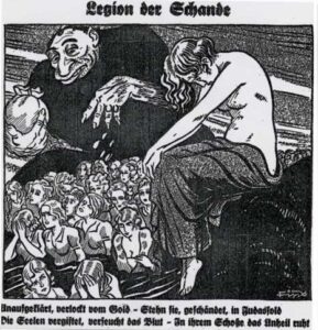 Nazistisk, anti-jødisk tegning fra Der Sturmer; den onde jøde klamrer sig til sine pengeposer, mens det arme, knækkede tyske folk slæber sig forbi i fortvivlelse, og Frk. Germania græder ved synet.